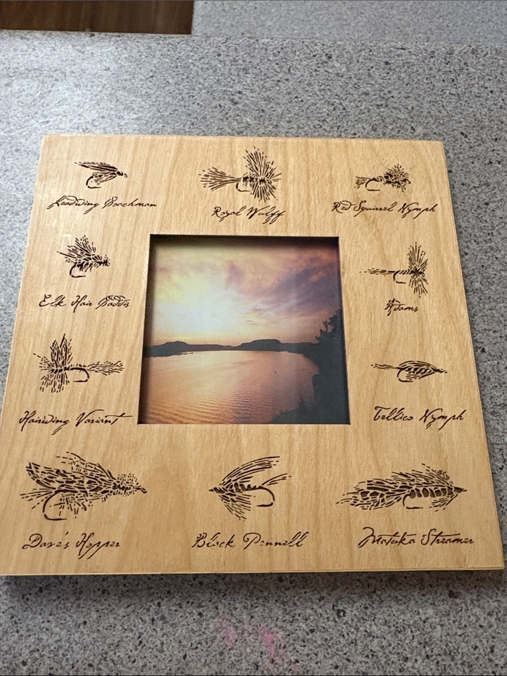 Natural Wood Square Photo Frame with Fishing Fly Engravings - Light Wood